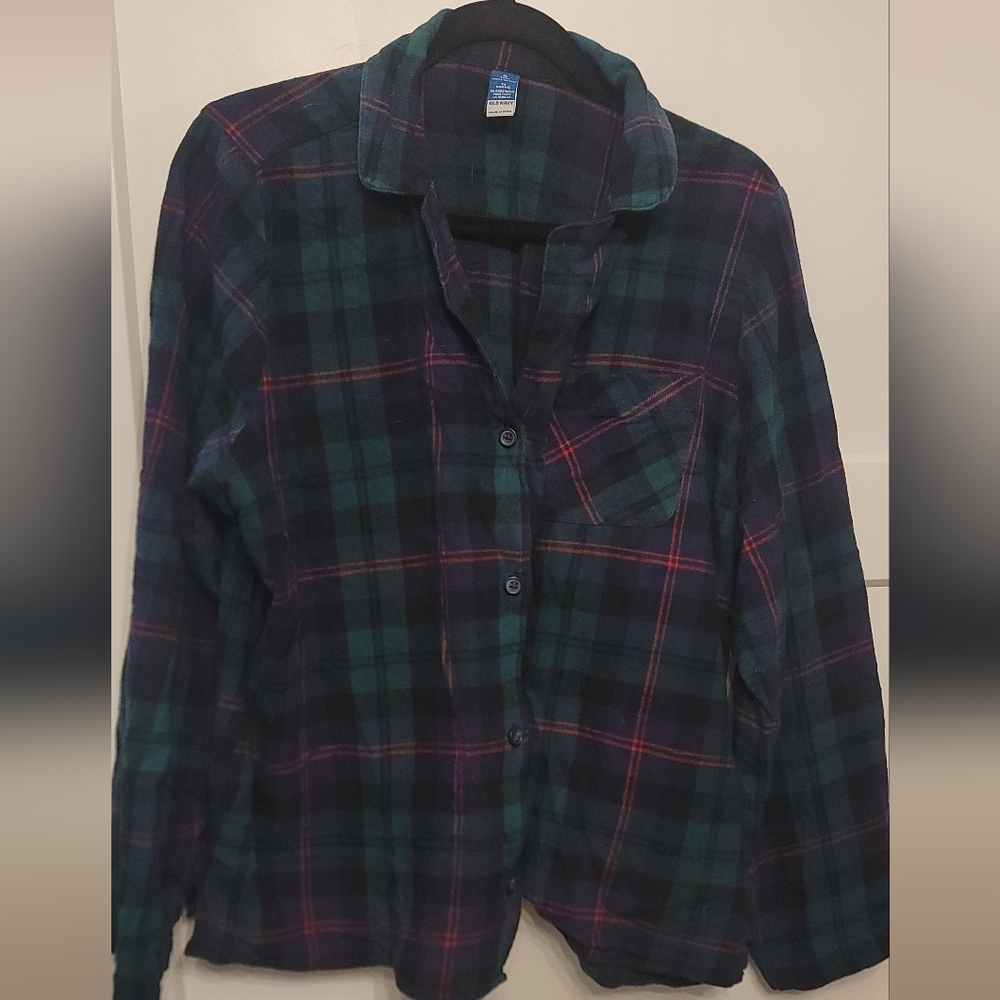 Old Navy Navy & Green Plaid Button-Up Sleep Shirt And Pants